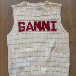 Ganni Ivory Knit Vest with Red Logo